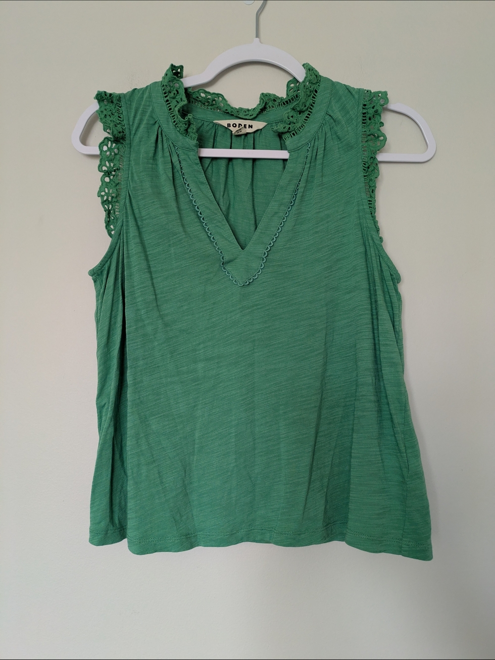Boden Green Sleeveless Lace-Trim V-Neck Top